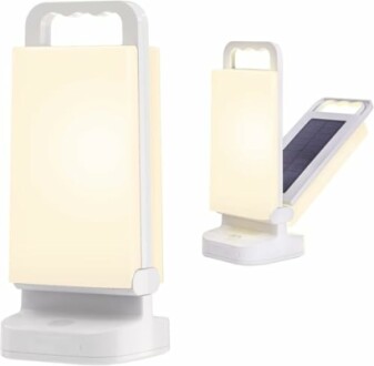 Collapsible solar-powered lantern with handle.
